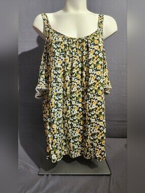 Yellow Floral Cold-Shoulder Tunic Top